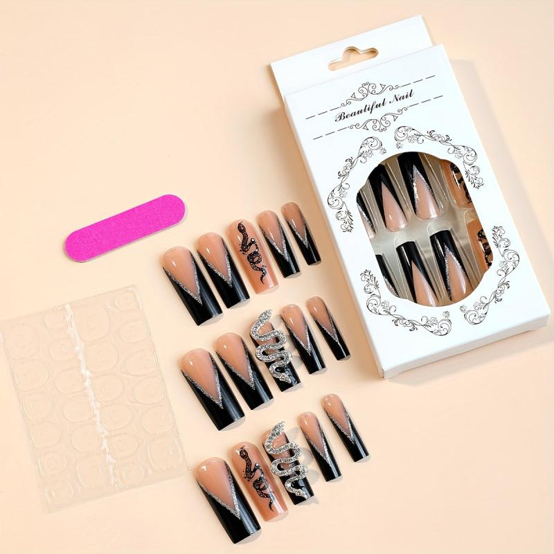 24pcs Snake Pattern Long Square False Nails French Tip Press On Nails