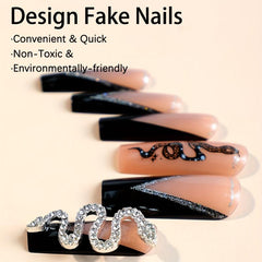 24pcs Snake Pattern Long Square False Nails French Tip Press On Nails