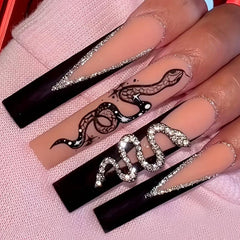 24pcs Snake Pattern Long Square False Nails French Tip Press On Nails