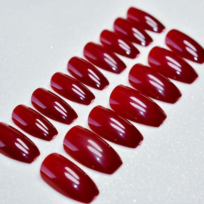 24 pcs Red Ice Through Nail Art Tips with Glue Medium Ballet Press On