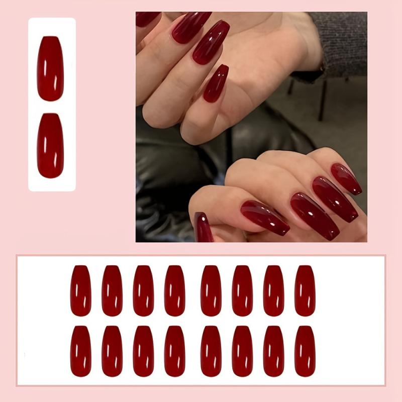 24 pcs Red Ice Through Nail Art Tips with Glue Medium Ballet Press On