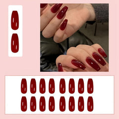 24 pcs Red Ice Through Nail Art Tips with Glue Medium Ballet Press On