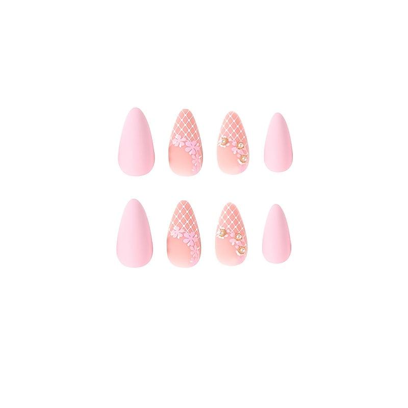 Pink Almond Press On Nails with Flower Full Cover Matte Stick On Nails