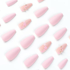 Pink Almond Press On Nails with Flower Full Cover Matte Stick On Nails