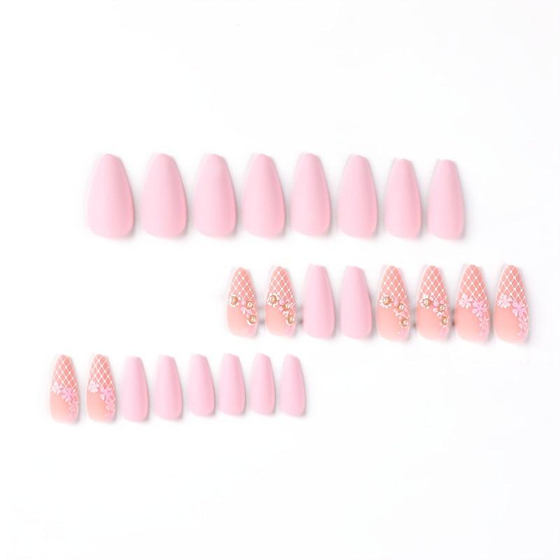 Pink Almond Press On Nails with Flower Full Cover Matte Stick On Nails