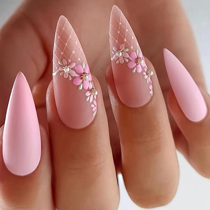 Pink Almond Press On Nails with Flower Full Cover Matte Stick On Nails