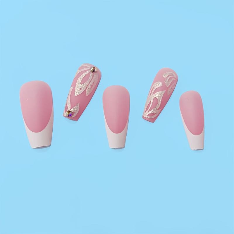 Glitter Flower Press On Nails Nude Pink Medium Square False Nails