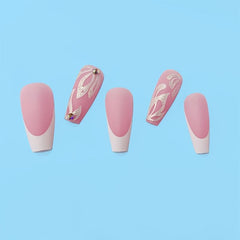 Glitter Flower Press On Nails Nude Pink Medium Square False Nails