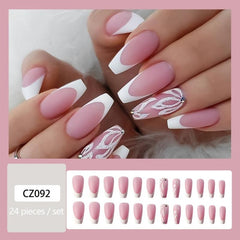 Glitter Flower Press On Nails Nude Pink Medium Square False Nails