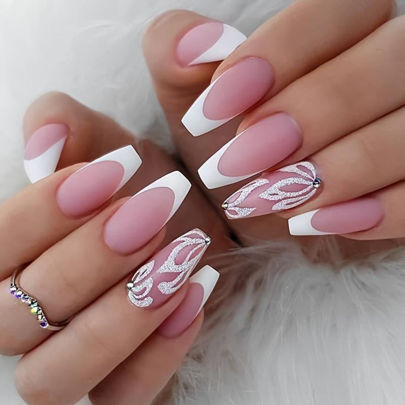 Glitter Flower Press On Nails Nude Pink Medium Square False Nails