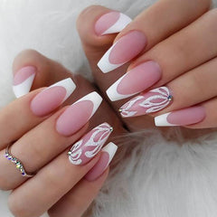 Glitter Flower Press On Nails Nude Pink Medium Square False Nails