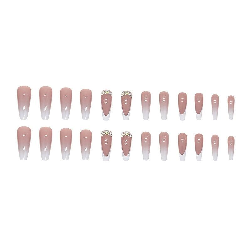 24pcs French Tip Press On Nails with Rhinestone Long Coffin False Nails