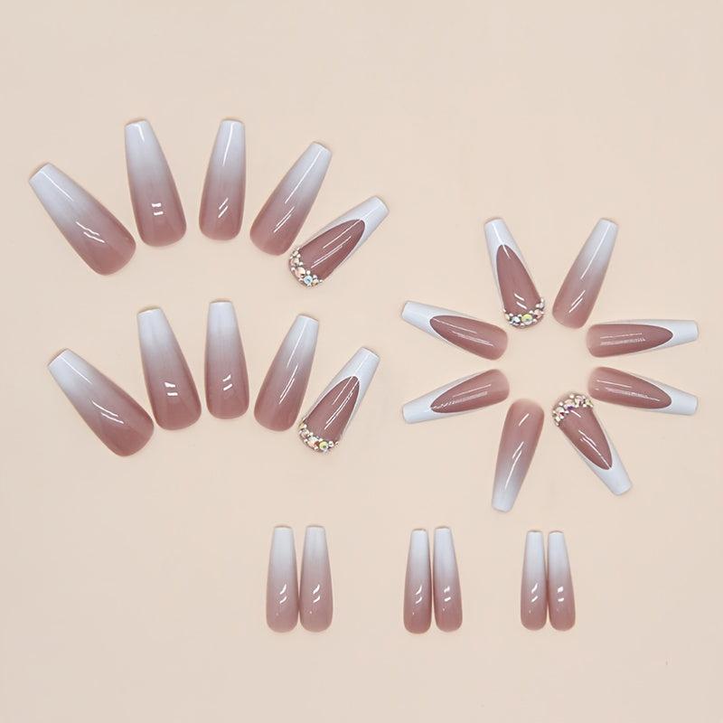 24pcs French Tip Press On Nails with Rhinestone Long Coffin False Nails