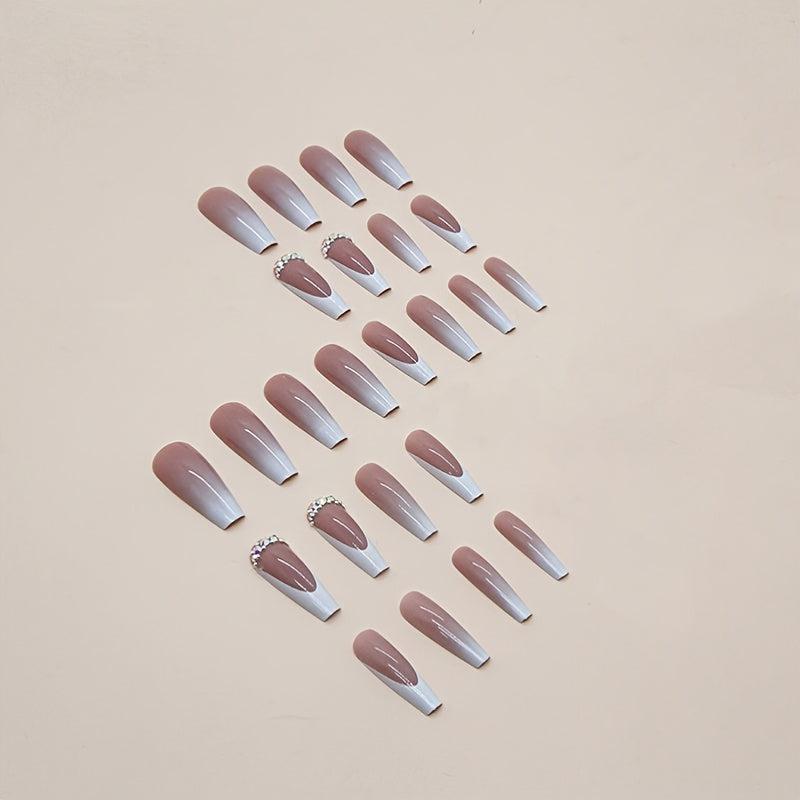 24pcs French Tip Press On Nails with Rhinestone Long Coffin False Nails