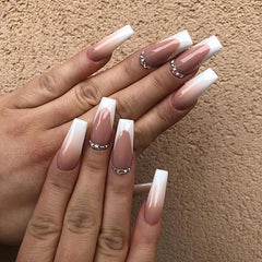 24pcs French Tip Press On Nails with Rhinestone Long Coffin False Nails