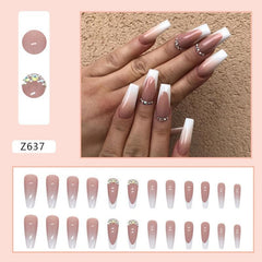 24pcs French Tip Press On Nails with Rhinestone Long Coffin False Nails