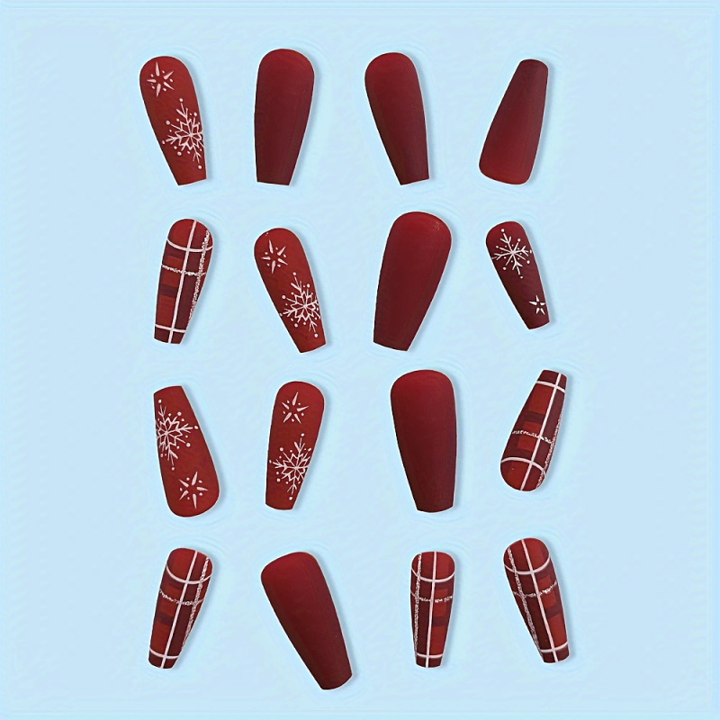 Christmas Plaid Nail Patch Red Glitter Snowflake False Nails Xmas