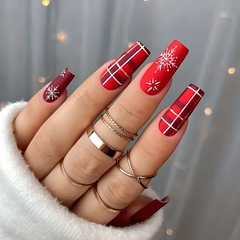 Christmas Plaid Nail Patch Red Glitter Snowflake False Nails Xmas