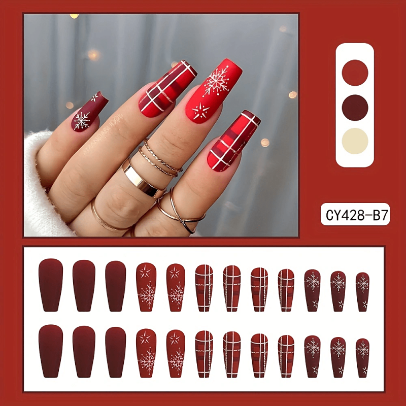 Christmas Plaid Nail Patch Red Glitter Snowflake False Nails Xmas