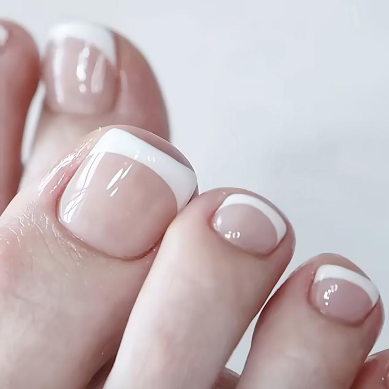 24pcs Acrylic French Tips Coffin Stick on Toenails for Women and Girls