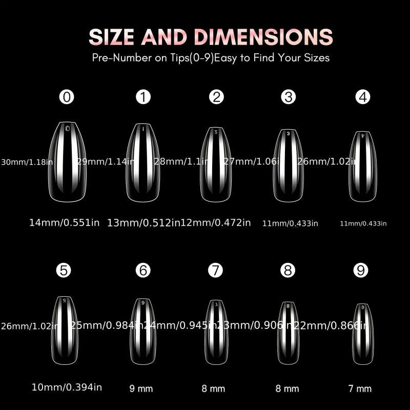 600pcs Clear Full Cover Coffin Soft Gel Nail Tips 10 Sizes Manicure Salon Tools
