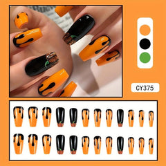 24pcs Halloween Orange Press On Nails with Glitter and Pumpkin