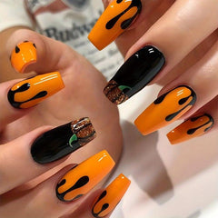 24pcs Halloween Orange Press On Nails with Glitter and Pumpkin