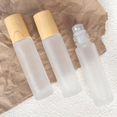 5 Pack 10ml Frosted Glass Roller Bottles with Wood Grain Cap