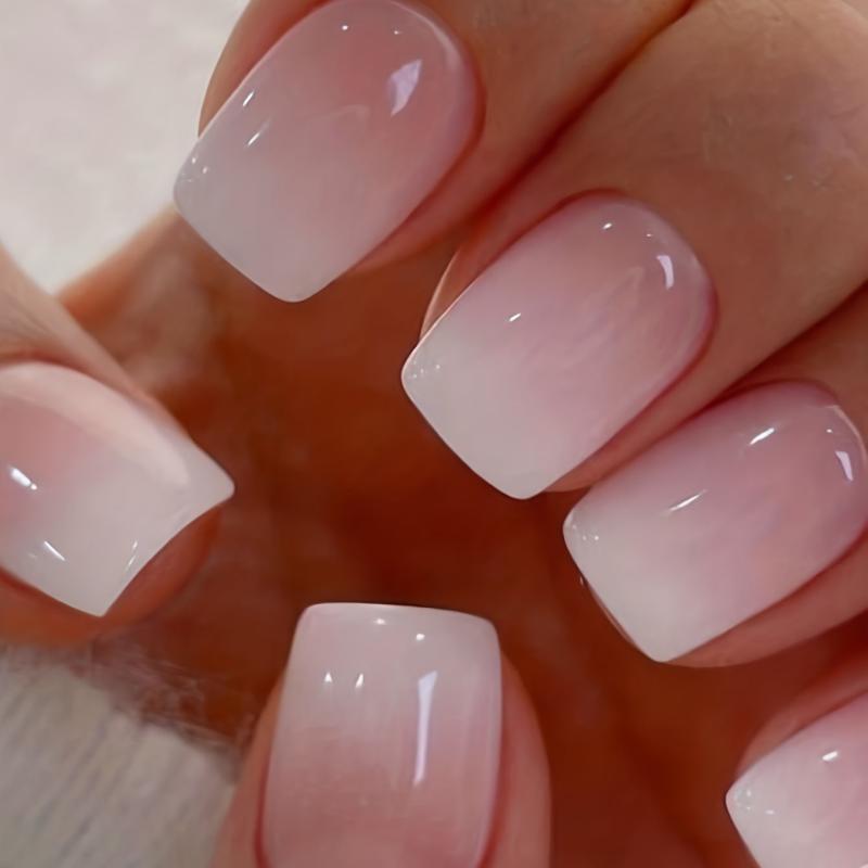 24pcs Pink Gradient Press On Nails Short Square False Nails for Women Daily Wear
