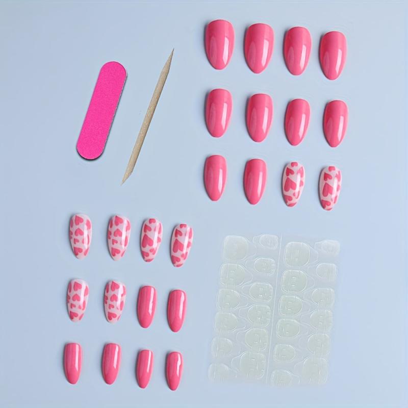 24 pcs Pink Almond Press On Nails Love Patterns Women Girls