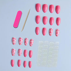 24 pcs Pink Almond Press On Nails Love Patterns Women Girls