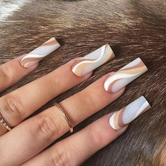 Long Brown Marble Press On Nails Matte Finish