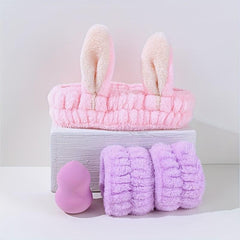 4pcs Makeup Sponge Headband & Wrist Washband Kit - Microfiber Towel Spa Headband