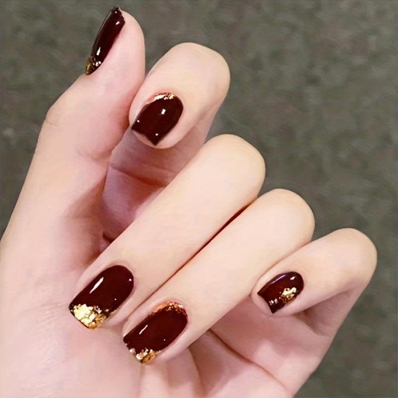 24pcs Wine Red Press On Nails Full Cover Short Square False Nails