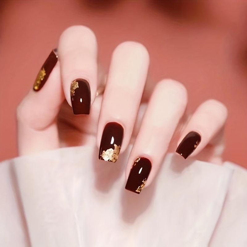 24pcs Wine Red Press On Nails Full Cover Short Square False Nails