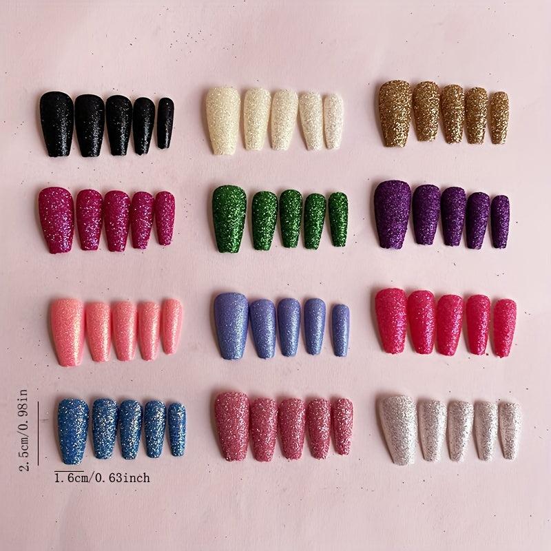 24pcs Glitter Press On Nails Medium Length Coffin Nails Full Cover False Nails