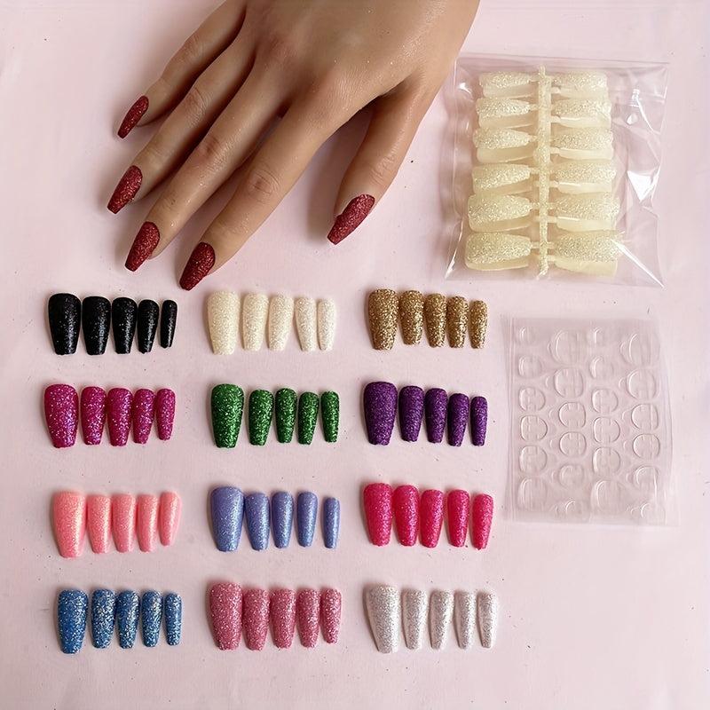 24pcs Glitter Press On Nails Medium Length Coffin Nails Full Cover False Nails
