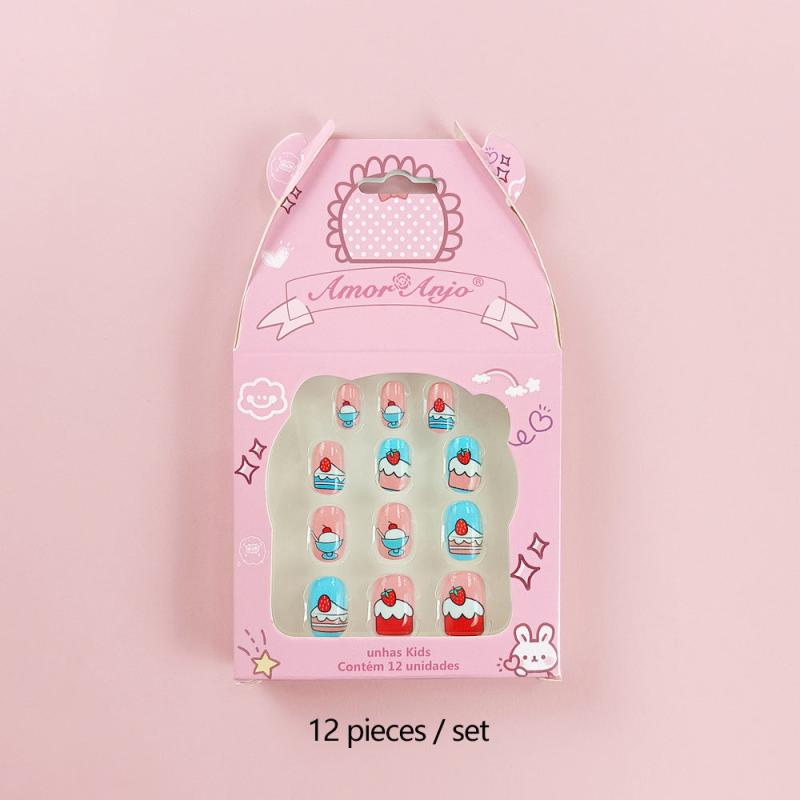 12 Pcs Geometric Print False Nails Round Glossy Press On Nails For School Girls