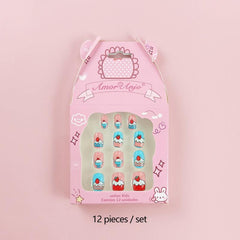 12 Pcs Geometric Print False Nails Round Glossy Press On Nails For School Girls