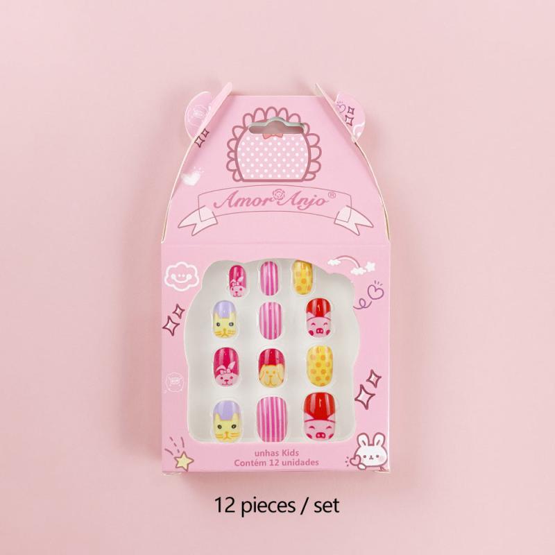 12 Pcs Geometric Print False Nails Round Glossy Press On Nails For School Girls