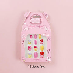 12 Pcs Geometric Print False Nails Round Glossy Press On Nails For School Girls