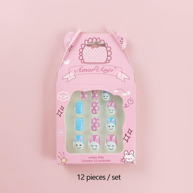 12 Pcs Geometric Print False Nails Round Glossy Press On Nails For School Girls