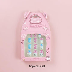 12 Pcs Geometric Print False Nails Round Glossy Press On Nails For School Girls