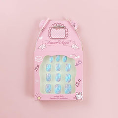 12 Pcs Geometric Print False Nails Round Glossy Press On Nails For School Girls