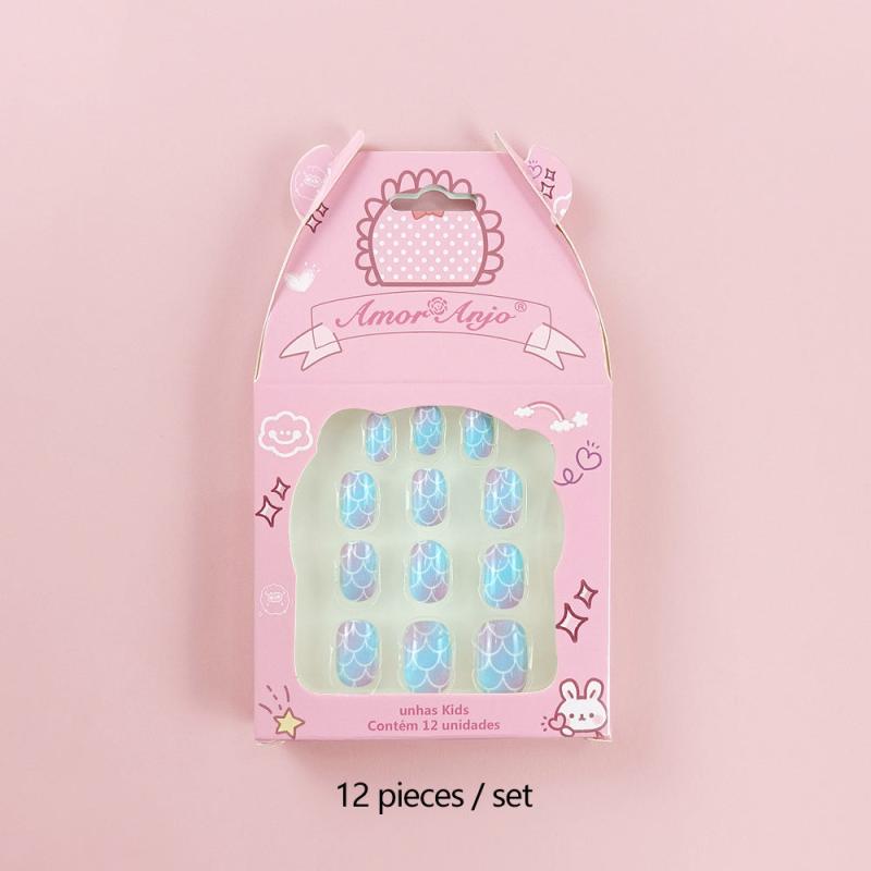 12 Pcs Geometric Print False Nails Round Glossy Press On Nails For School Girls