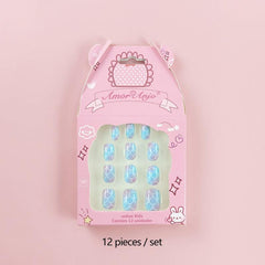 12 Pcs Geometric Print False Nails Round Glossy Press On Nails For School Girls