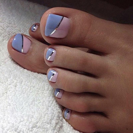 24pcs Pink Acrylic Press On Toenails Silver Ribbon Tips