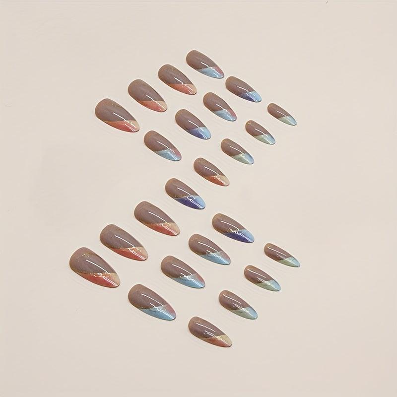24pc Gradient Glitter Press On Nails with Golden Accents