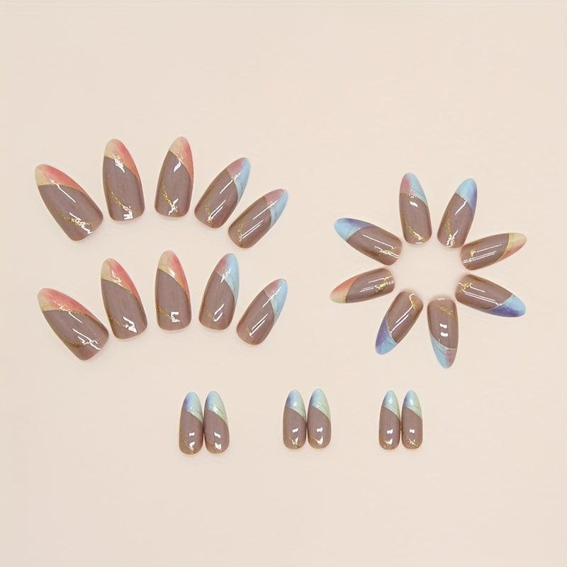 24pc Gradient Glitter Press On Nails with Golden Accents