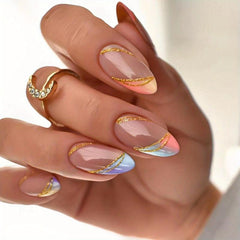 24pc Gradient Glitter Press On Nails with Golden Accents